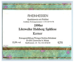 1970&rsquo;s-80&rsquo;s Rheinhessen Lorzweiler Hohberg German Wine Label Original S18E