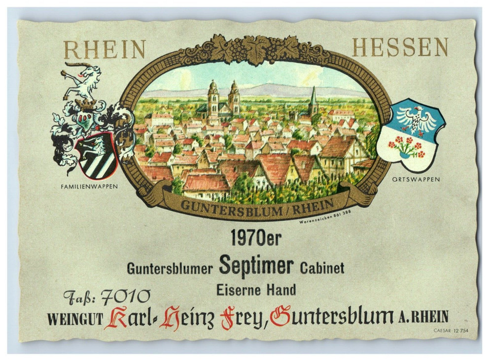 1960&rsquo;s-80&rsquo;s Rhein Hessen Guntersblumer Septimer Cabinet German Wine Label S72E