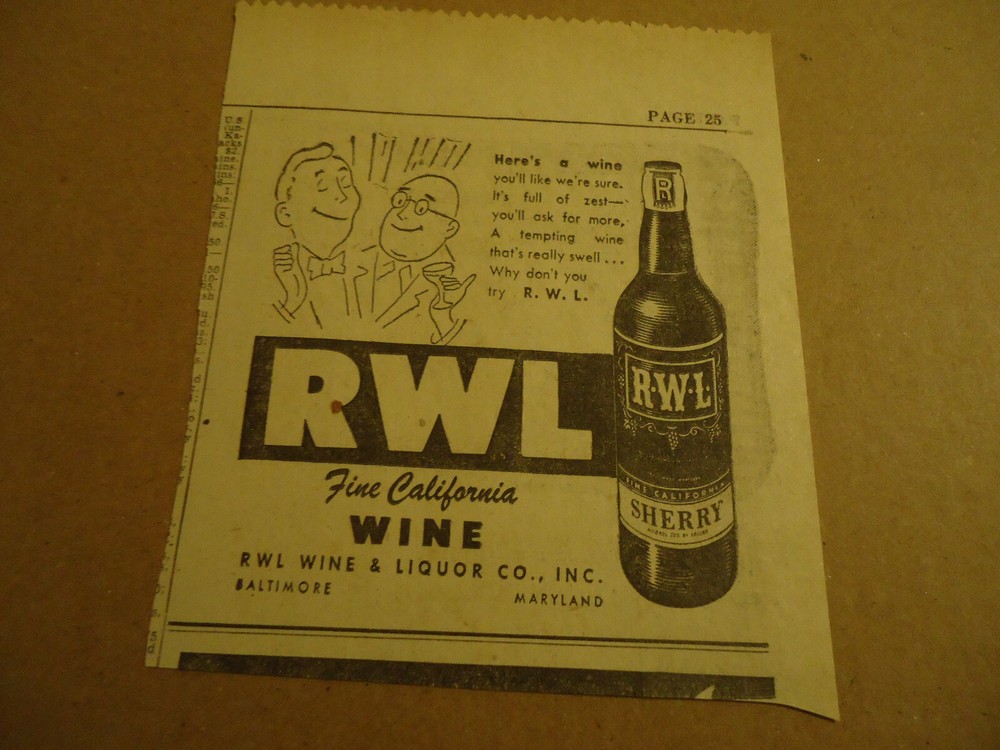 R W L California Wine 1952 newsprint ad