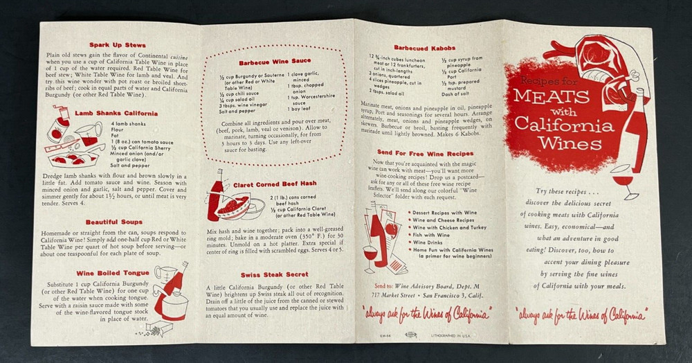 California Wine Advisory Board 1950s Vintage Meat Recipes Advertising Flyer