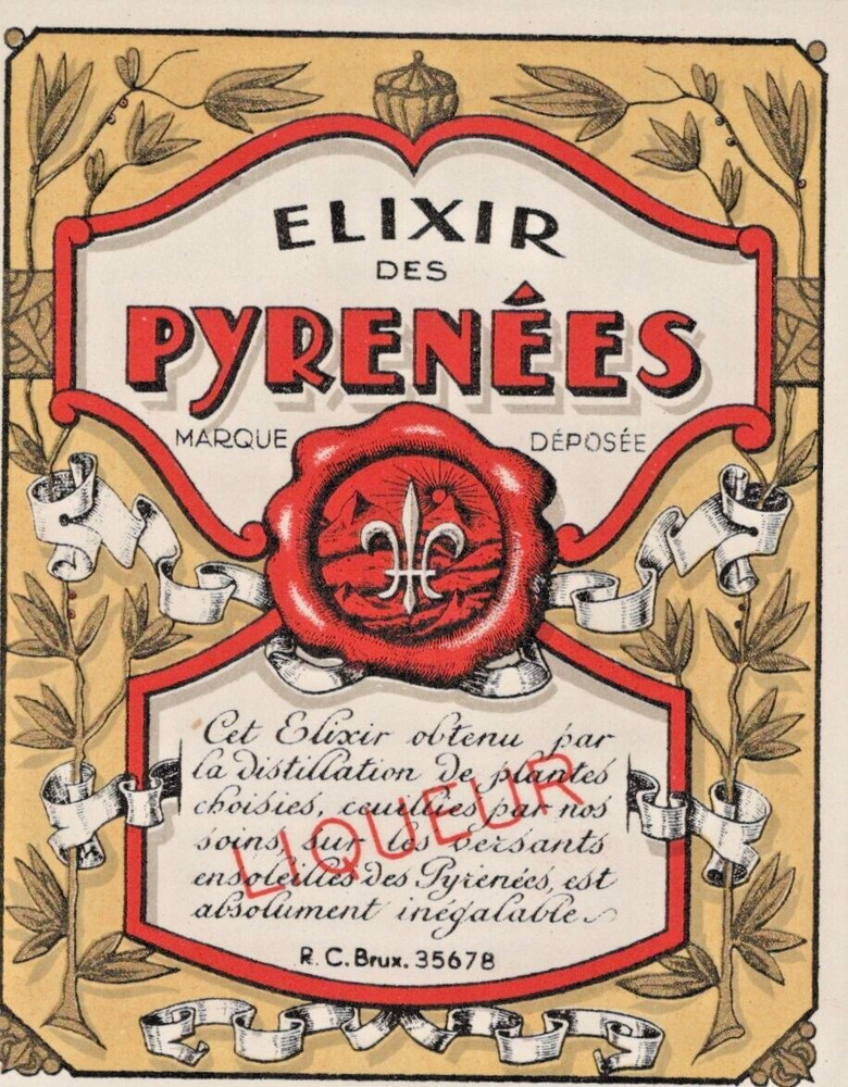Beautiful Vintage Elixir Marque Deposee Pyrenees Liqueur Label a7B