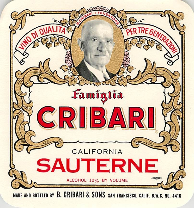 Famiglia Cribari Sauterne San Francisco CA 1970s 1980s Vtg Wine Label