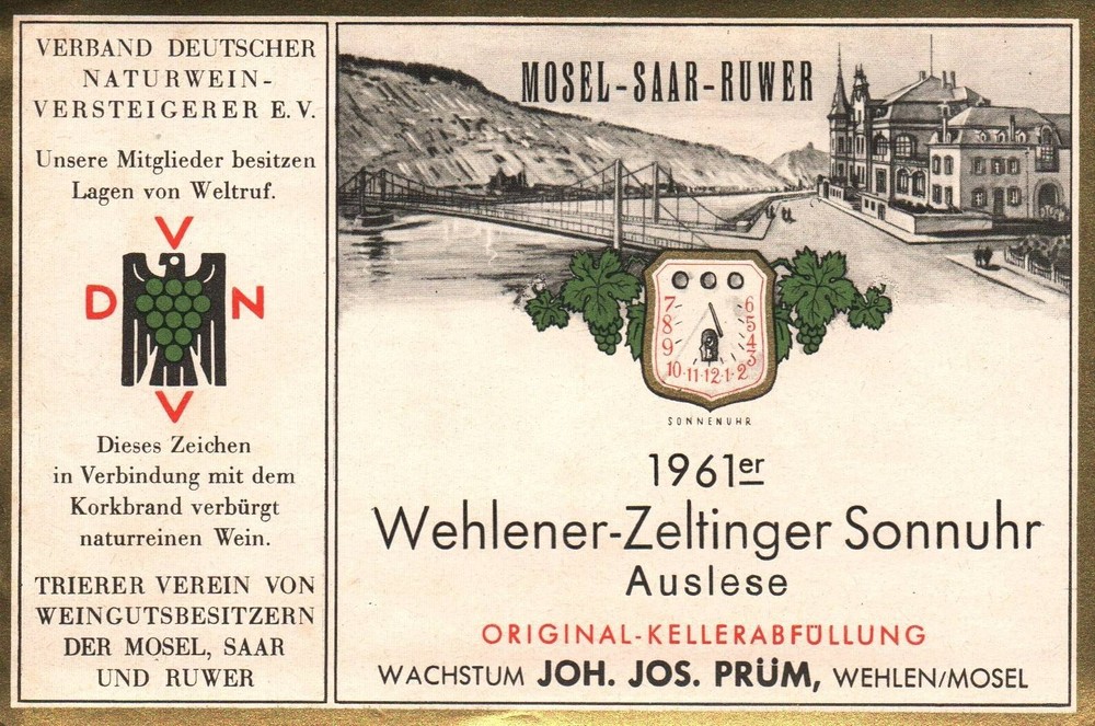 Vintage German Wine Label 1960s 1961er Wehlener Zeltinger Sonnuhr Auslese Mosel