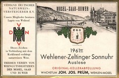 Vintage German Wine Label 1960s 1961er Wehlener Zeltinger Sonnuhr Auslese Mosel