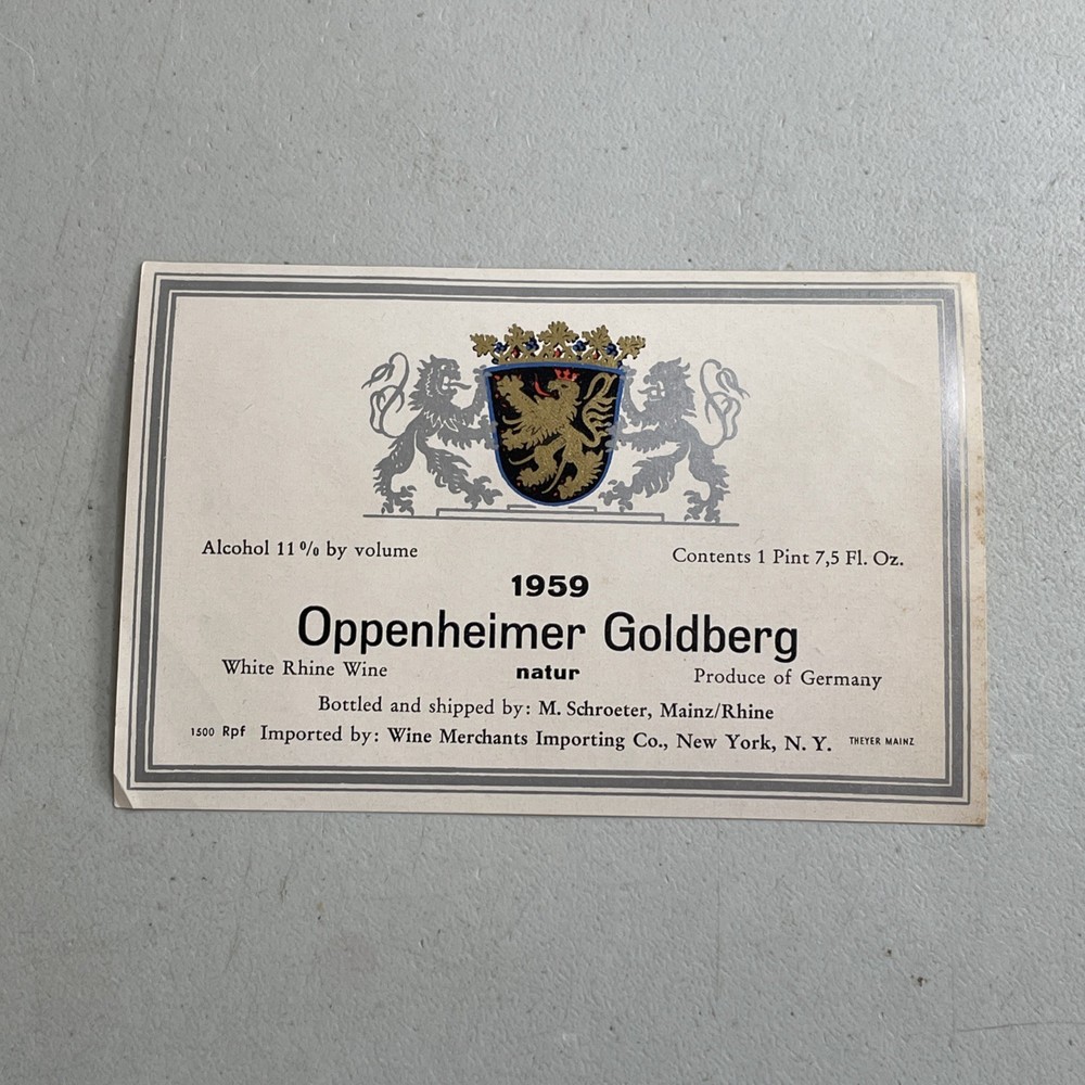 Vintage Wine Bottle Label — 1959 Oppenheimer Goldberg White Rhine Wine Germany