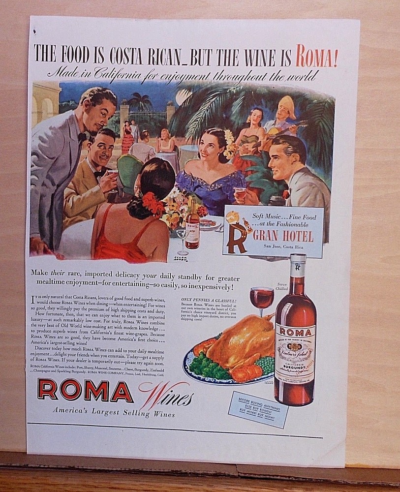 1944 magazine ad for Roma Wines – Costa Rican Food at Gran Hotel & Roma Wines