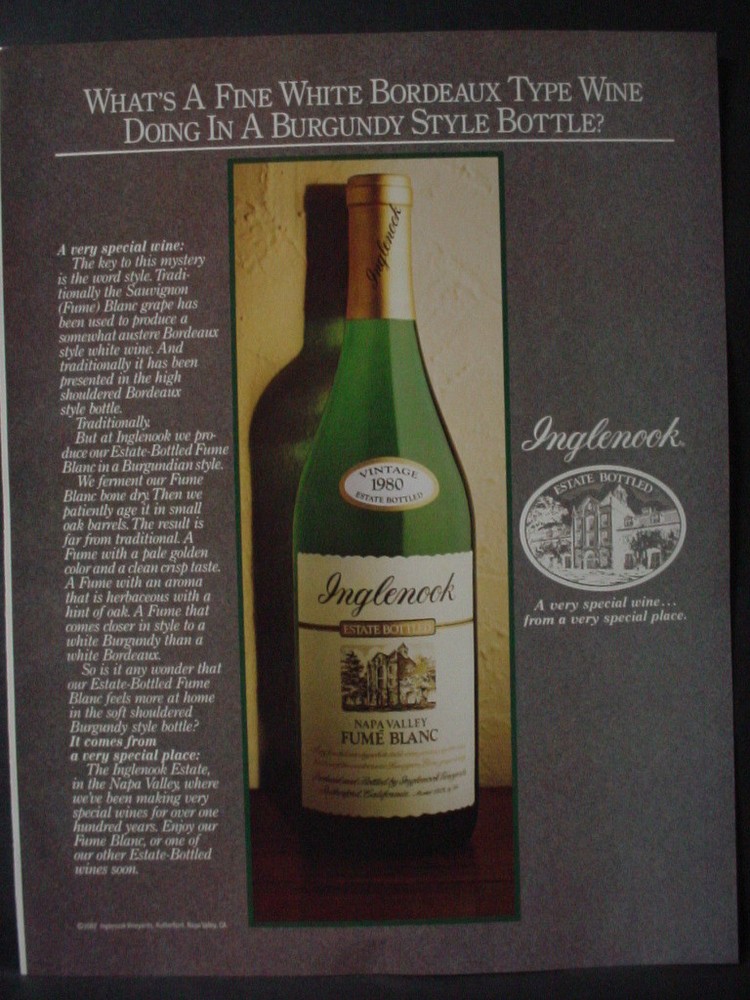 1982 Inglenook Napa Valley California Wine Fume Blanc Vintage Print Ad 12816