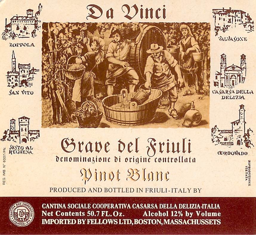 Casarsa Da Vinci Pinot Blanc Grave del Friuli Italy 1970s 1980s Vtg Wine Label