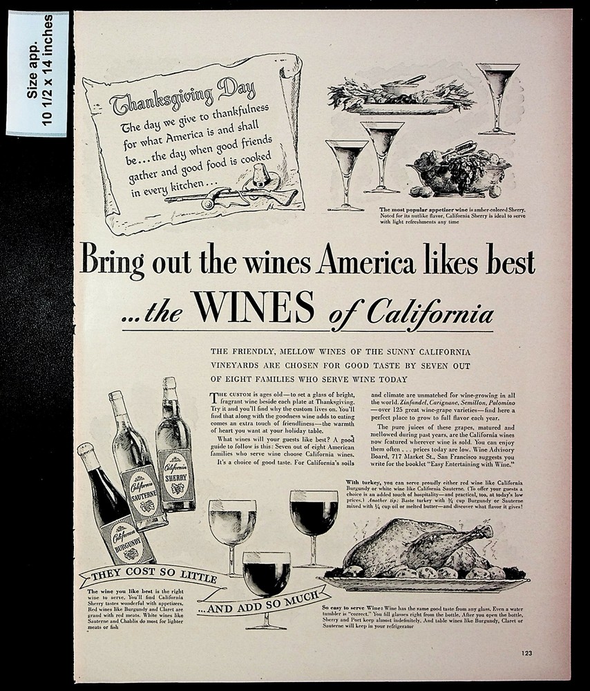 1948 Wine Advisory Board California Sherry Thanksgiving Vintage Print Ad 28372