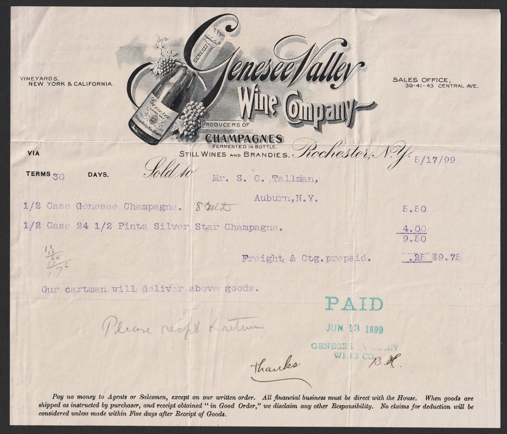 RARE 1899 Billhead Genesee Valley Wine Company – Rochester NY – Great graphic