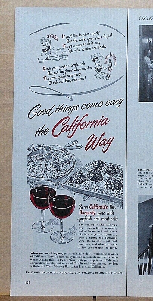 1952 magazine ad for California Wines -Bring Glamor to plain meals with Burgundy