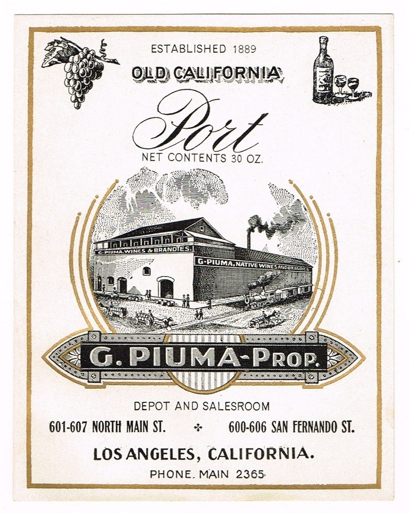 C1900 RARE PRE PROHIBITION ALCOHOL BOTTLE LABEL LOS ANGELES G. PIUMA WINE PORT