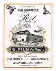 C1900 RARE PRE PROHIBITION ALCOHOL BOTTLE LABEL LOS ANGELES G. PIUMA WINE PORT