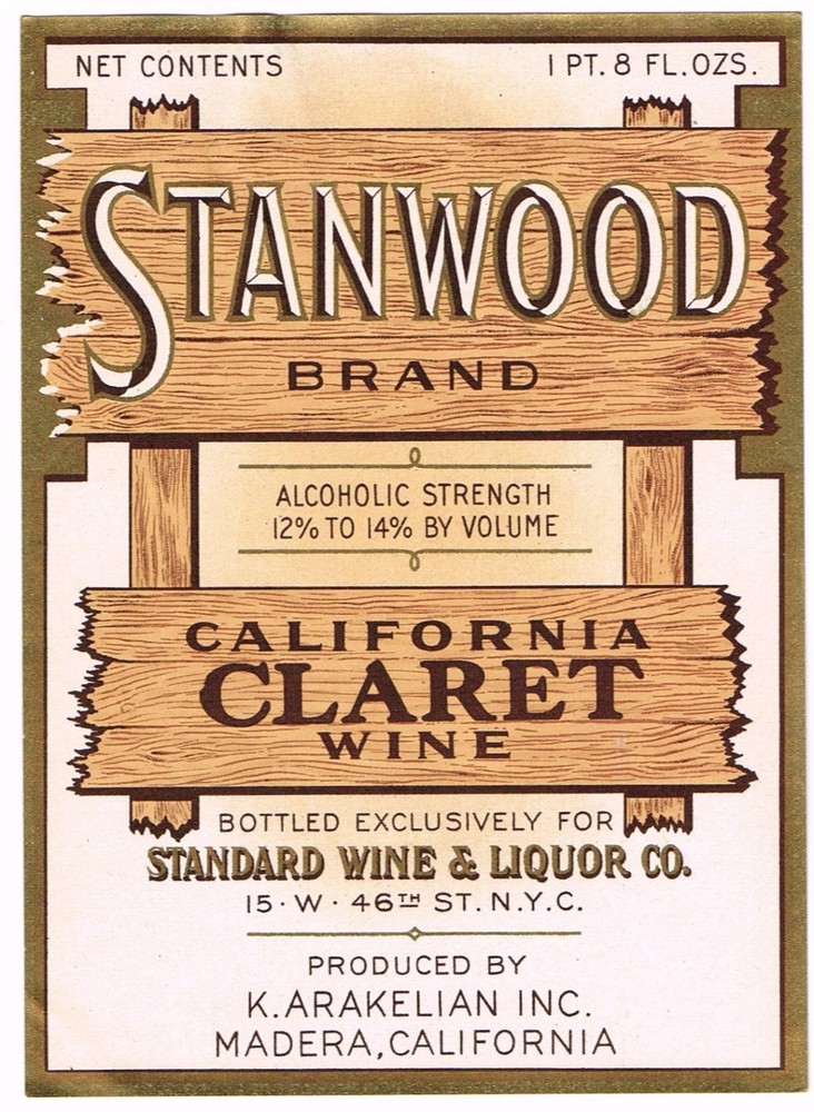 C1930S STANWOOD WINE BOTTLE LABEL MADERA CALIFORNIA GENUINE VINTAGE CLARET