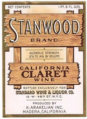 C1930S STANWOOD WINE BOTTLE LABEL MADERA CALIFORNIA GENUINE VINTAGE CLARET