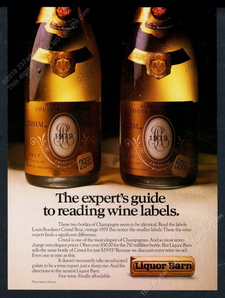 1985 Cristal Brut Champagne 1979 bottle photo Liquor Barn vintage print ad