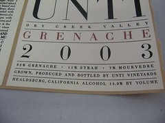 2003 UNTI Vineyards Grenache Wine Label Dry Creek Valley Healdsburg California