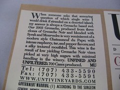 2003 UNTI Vineyards Grenache Wine Label Dry Creek Valley Healdsburg California