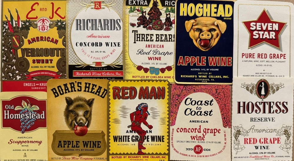 Vintage Lot of Ten (10)+Two (2) for a total of 12 American Companies Wine Labels