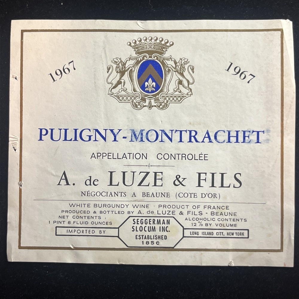 VINTAGE FRENCH WINE LABEL FRANCE PULIGNY-MONTRACHET 1967 decLUZE FILS Seggerman