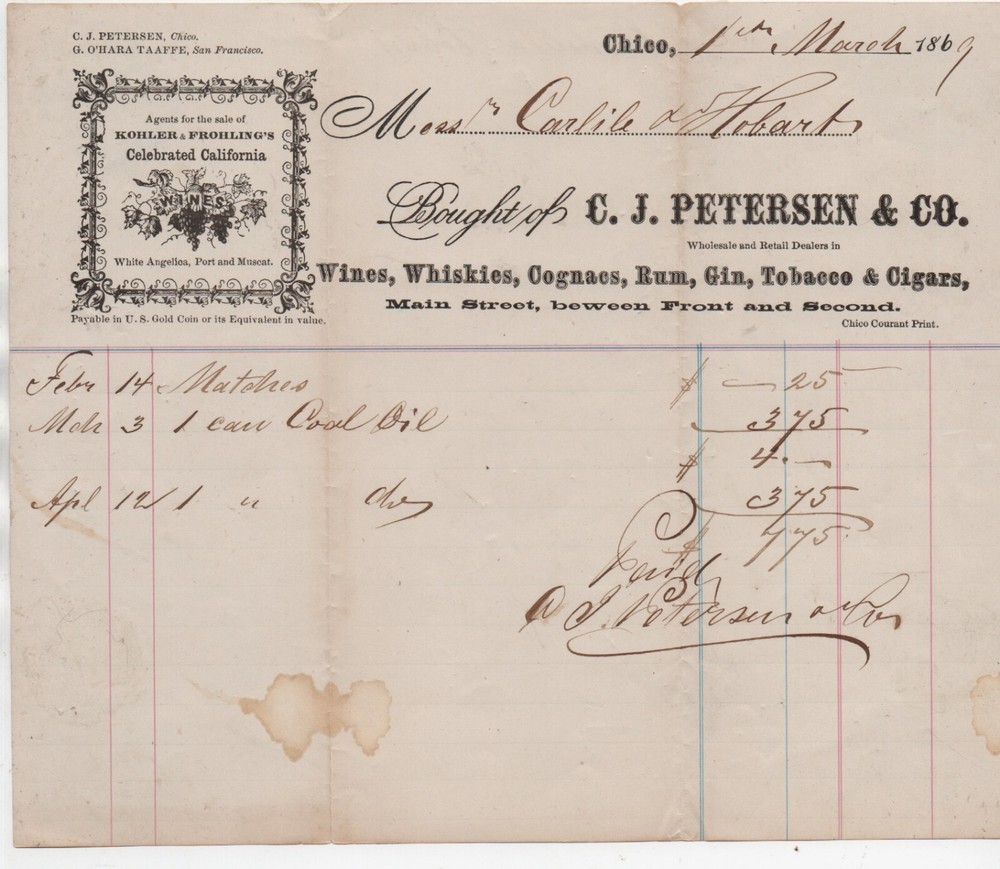 1869 Billhead C.J. Petersen Chico CA Wines Kohler & Frohling California Wines