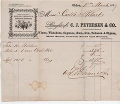 1869 Billhead C.J. Petersen Chico CA Wines Kohler & Frohling California Wines