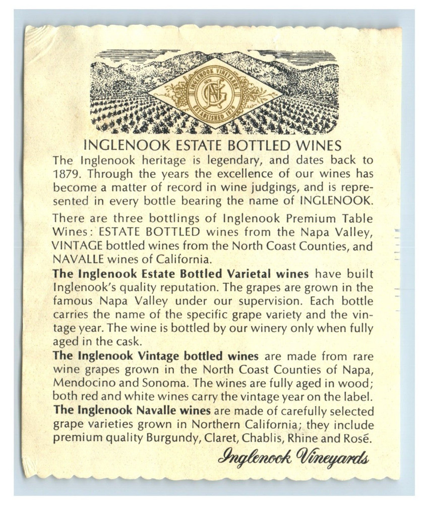 1970&rsquo;s-80&rsquo;s Inglenook Estate Californian Wine Label Original S51E