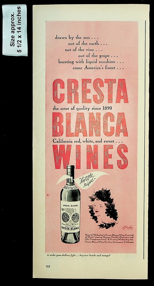 1943 Cresta Blanca Wines Red White Sweet Bottle Ripe Vintage Print Ad 39210