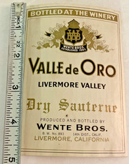 1940s California Livermore Wente Bros Vineyard VALLE DE ORO Sauterne WINE label