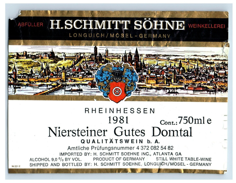 1960&rsquo;s-80&rsquo;s Niersteiner Gutes Domtal H.Schmitt Sohne. German Wine Label S66E