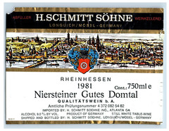 1960&rsquo;s-80&rsquo;s Niersteiner Gutes Domtal H.Schmitt Sohne. German Wine Label S66E