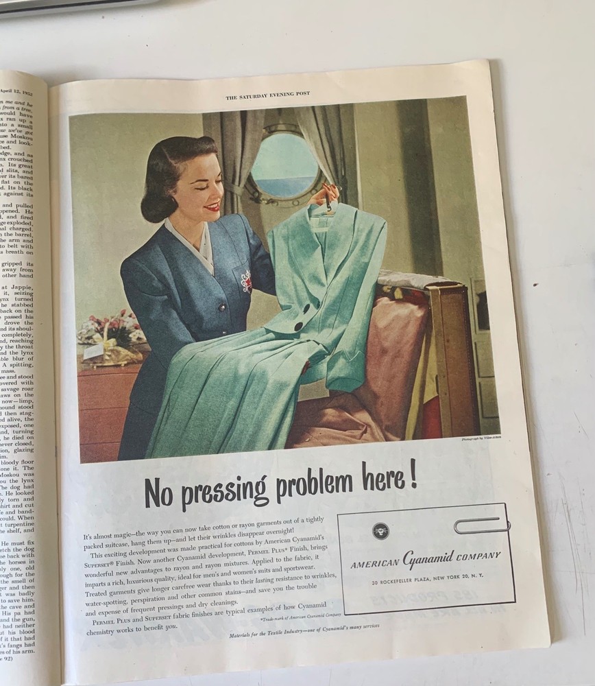 American Cyanamid Company Magazine Ad No Pressing Problem 1952 Textile
