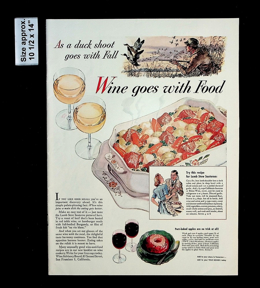 1944 Wine Advisory Board Duck Shoot Food Lamb Stew Recipe Vintage Print Ad 35615