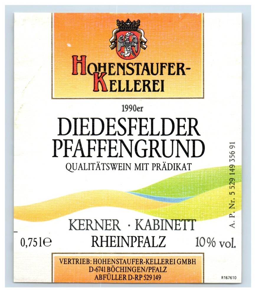 1970&rsquo;s-80&rsquo;s Hohenstaufer Kellerei Diedesfelder German Wine Label Original S18E