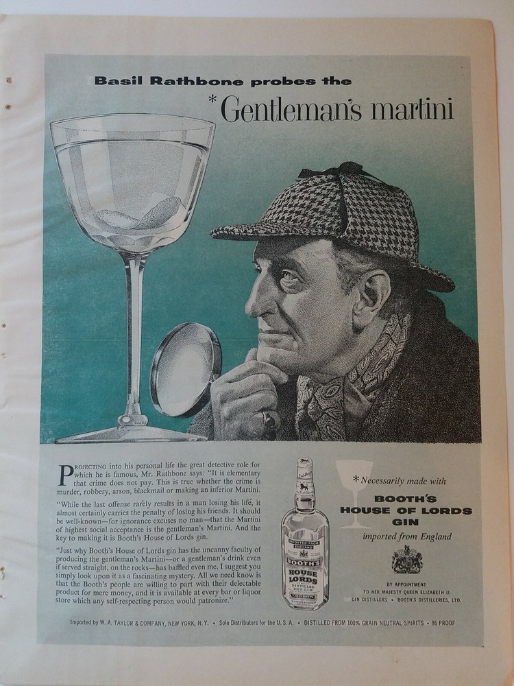 1959 Booth&rsquo;s House of Lords gin Basil Rathbone Sherlock Holmes art ad