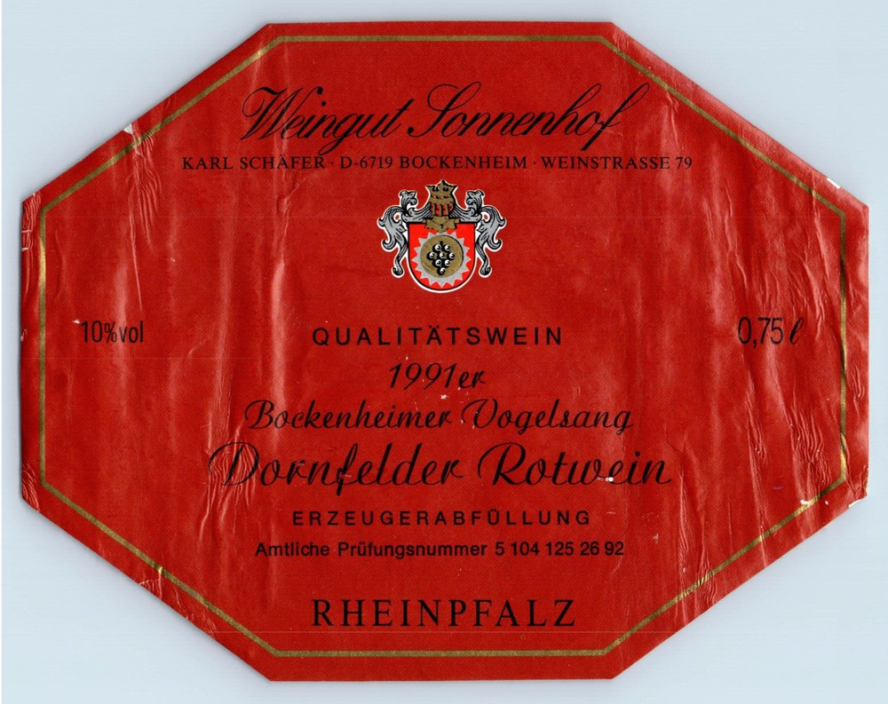 1991 Weingut Jonnenhof Dornfelder Rotwein Label Vintage Original S6E
