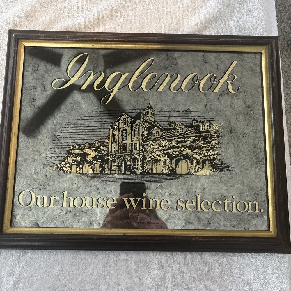 Vintage 1986 Inglenook Winery Wooden Framed Smoked Mirror Bar Sign 19”X15”