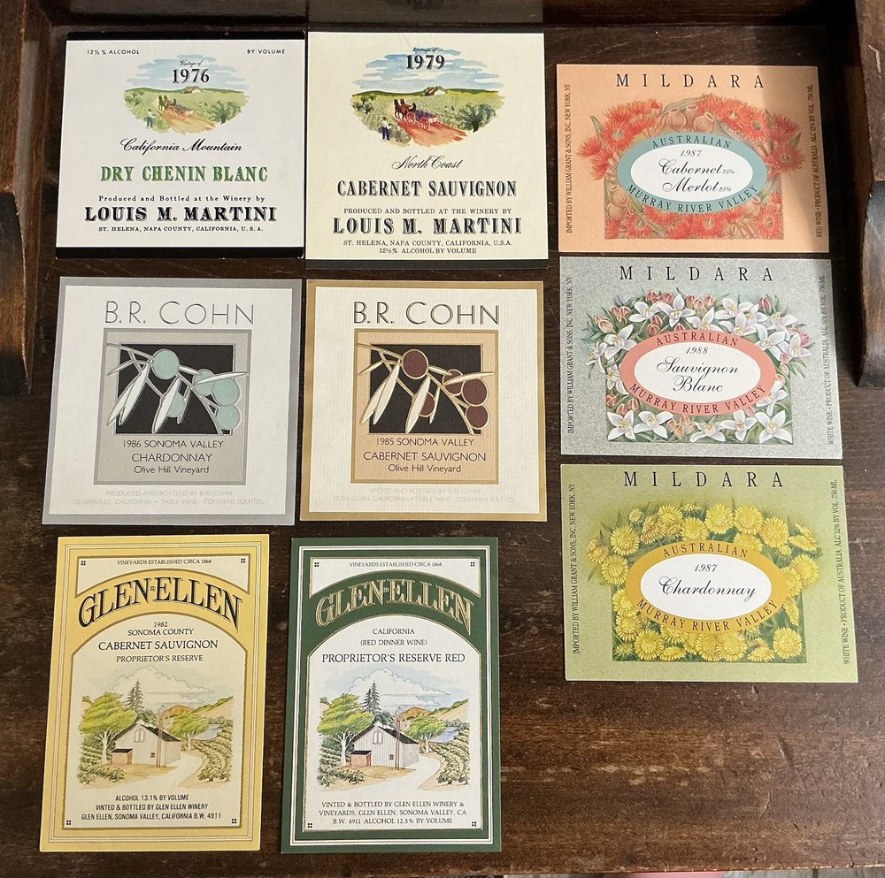 NOS Vintage Wine Label Lot 8 Louis M Martini B.R. Cohn Glenellen Mildara Napa