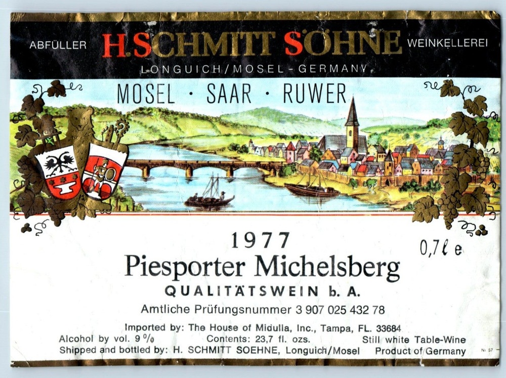 1977 Piesporter Michelsberg H.Schmitt Sohne Label Vintage Original S3E