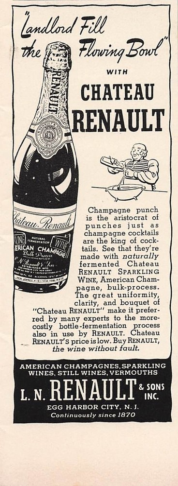Renault Sons Chateau Renault Champagne Ad 1940s Mid Century Bar Wall Art 1940