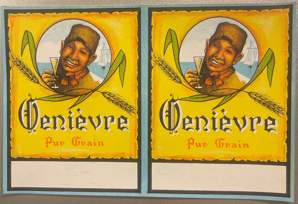 Very Rare Antique Double Uncut Genievre Pur Grain Liquor Alcohol Label 1920s