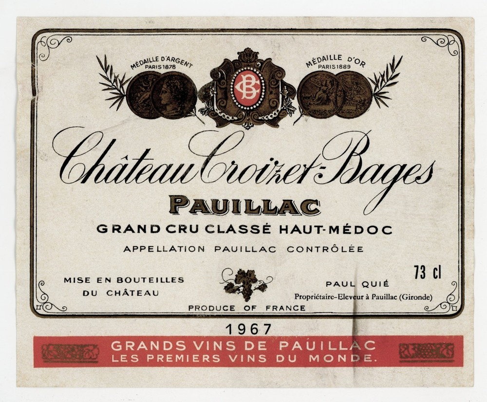 Chateau Croizet Bages Wine Label 1967 France French Pauillac