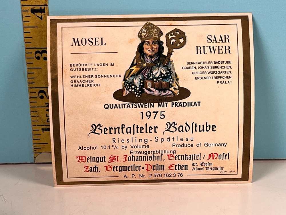 1975 Bernkasteler Badstube Riesling Alcohol Wine Label