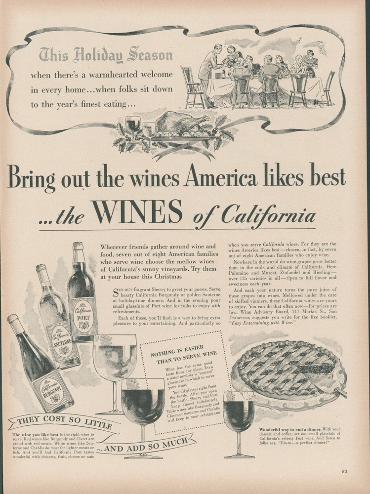 1948 Wines of California Holiday Season Turkey Dinner Party Vintage Print Ad L15