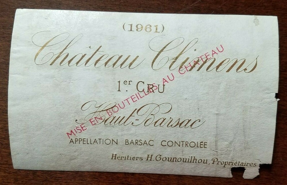 1961 Chateau Climens Haut-Barsac wine bottle label