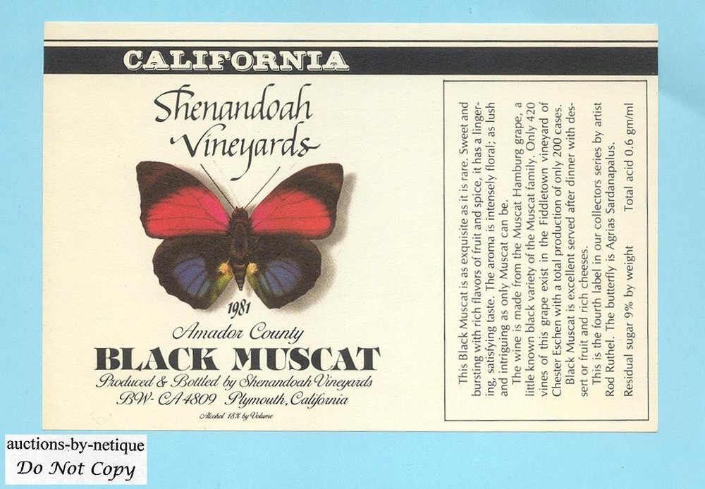 Shenandoah Vineyards 1981 Black Muscat S American Butterfly Wine Label Amador CA
