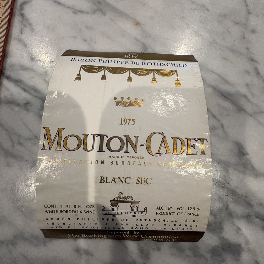 Vtg label Bordeaux France BARON PHILIPPE ROTHSCHILD MOUTON CADET 1975 Blanc SFC
