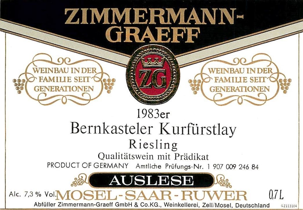 Zimmermann-Graeff Bernkasteler Kurfurstlay Riesling Germany 1983 Wine Label Vtg