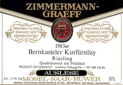 Zimmermann-Graeff Bernkasteler Kurfurstlay Riesling Germany 1983 Wine Label Vtg