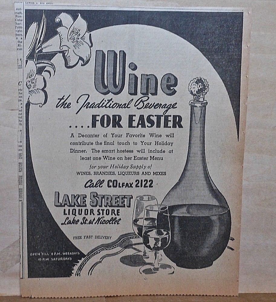 1940 newspaper ad for Wine – The Traditional Beverage for Easter, wine decanter